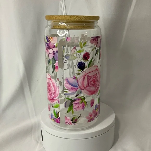 16 Ounce Handmade Clear Glass Can Cup, W/Lid & Straw, Mama Floral - Picture 6 of 13